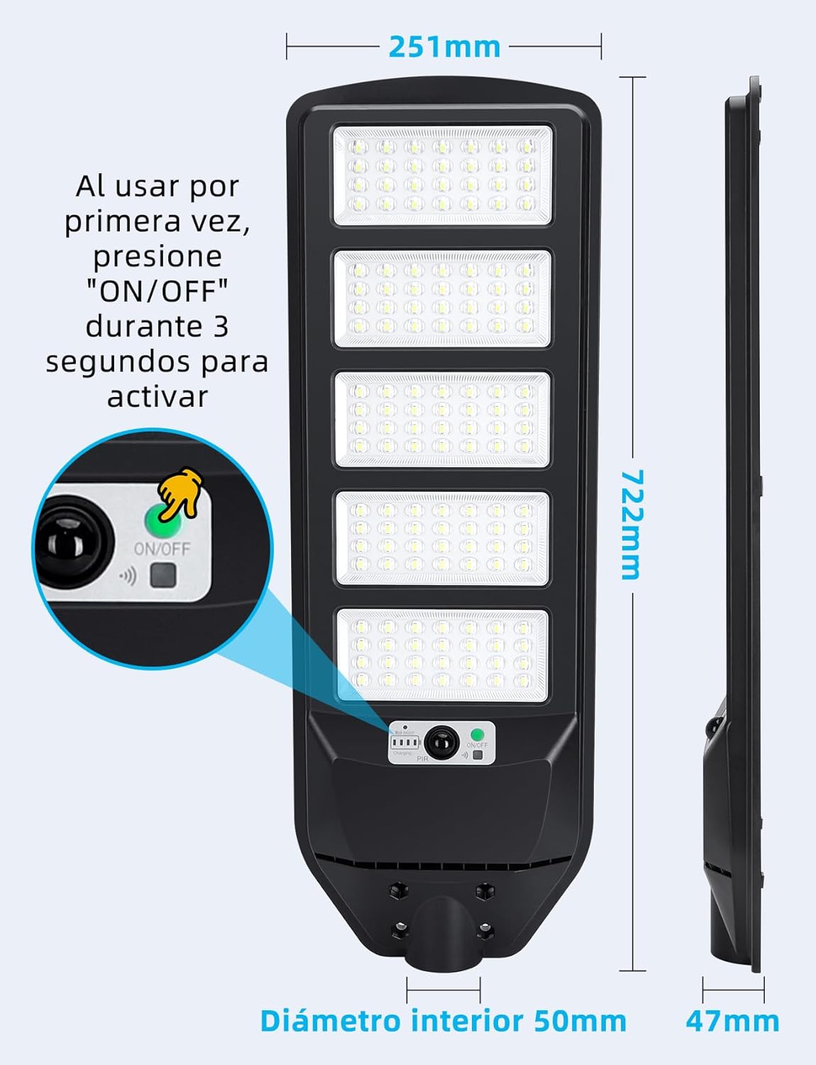 Farola solar LED exterior con sensor de movimiento, mando a distancia, 3000LM luz blanca. Foco solar LED potentes con temporizador, impermeable protección IP65