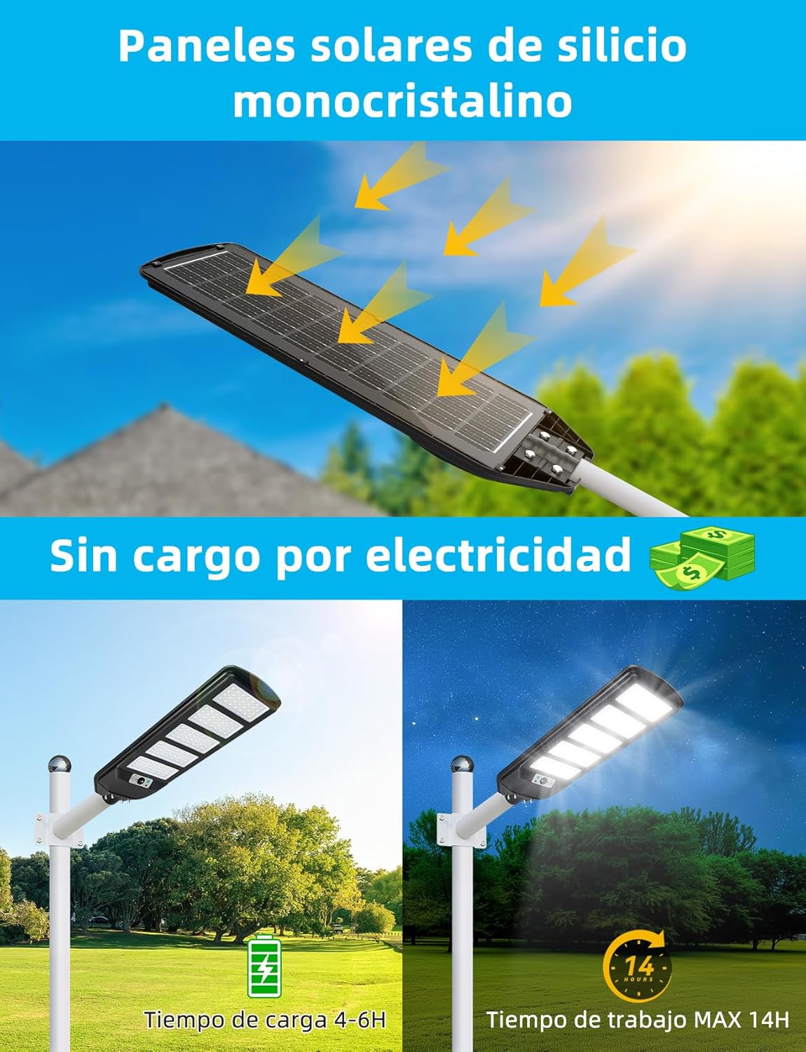Farola solar LED exterior con sensor de movimiento, mando a distancia, 3000LM luz blanca. Foco solar LED potentes con temporizador, impermeable protección IP65